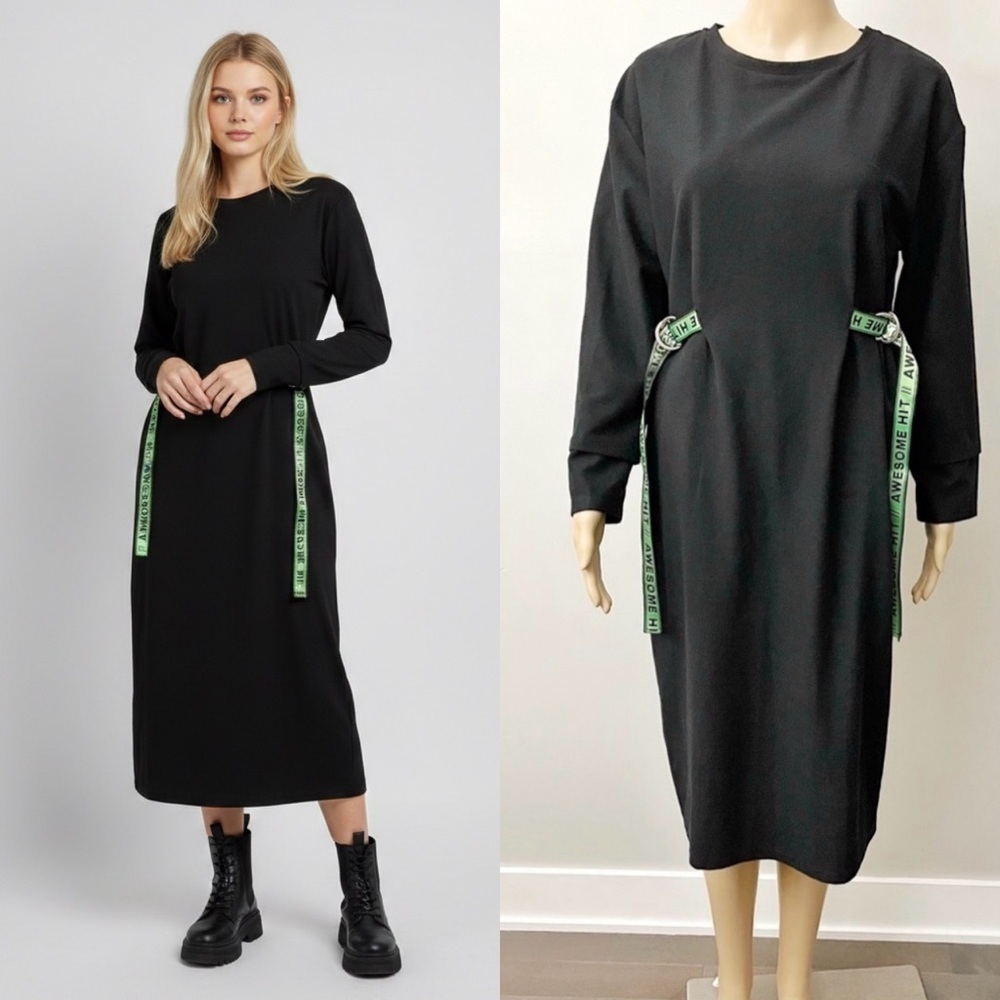 ZARA Black Minimalist Contemporary Relaxed Fit Long Sleeves Belted Midi Dress.
